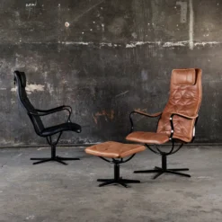 Chic fåtölj inkl. pall – läder vintage cognac
