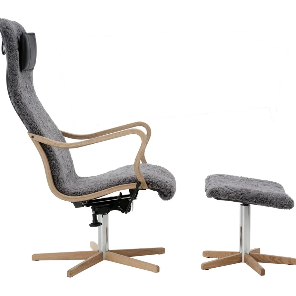 Chic fåtölj trä inkl. pall – fårskinn scandinavian grey