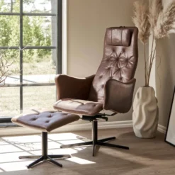 Cleo fåtölj inkl. fotpall – läder Vintage brown