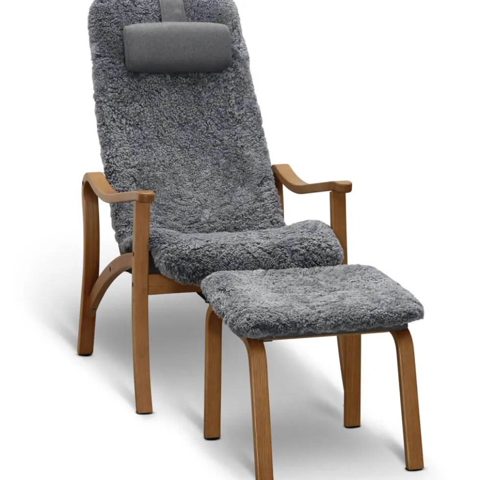 Gotland fåtölj inkl. fotpall – fårskinn charcoal grey silver/ ek