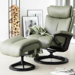 Stressless Magic fåtölj inkl. pall – läder paloma shadow green /svartbets
